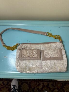 Beige Leather, Snakeskin Look Shoulder Bag with Resin Chain Accent